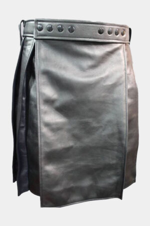 Black with Navy Highlights Pleated Leather Kilt for Men