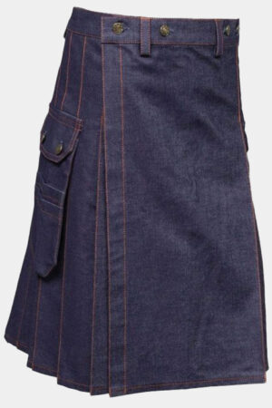 Blue Denim Kilt with Red Stitching for Men