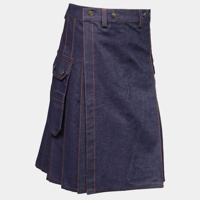 Blue Denim Kilt with Red Stitching for Men 1 Blue Denim Kilt with Red Stitching for Men
