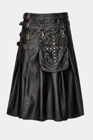 Gothic Cowhide Black Leather Kilt for Men