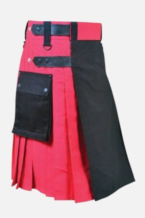 Red and Black with Leather Straps Hybrid Kilt for Men