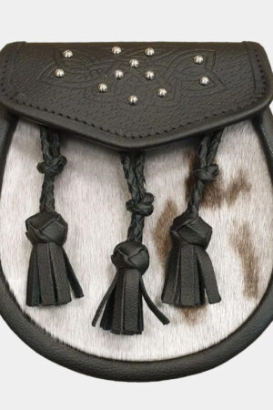 Seal Skin Semi Dress Sporran with Celtic Black Leather Flap and 3 Plaited Tassels for Men
