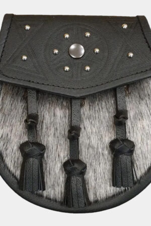 Seal Skin Semi Dress Sporran with Studded Black Leather Flap and Tassels for Men