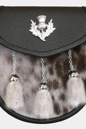 Seal Skin Semi Dress Sporran with Thistle on Black Leather and 3 Chrome Tassels for Men