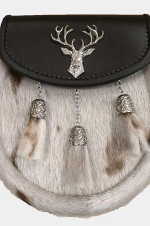 Sealskin Semi Dress Sporran with Stag on Black Leather with 3 Celtic Chain Tassels for Men