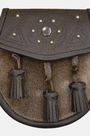Sealskin Semi Dress Sporran with Studded Brown Leather Flap and Tassels for Men