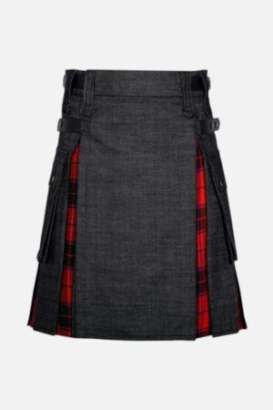 Wallace Tartan Black Denim Utility Cargo Hybrid Kilt for Men