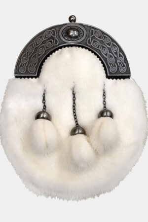 White Mink Dress Sporran with Celtic Oval Design Cantle and 3 tassels in Antique Finish for Men